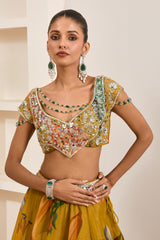 Olive Green Floral Print Lehenga Set