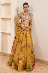 Olive Green Floral Print Lehenga Set