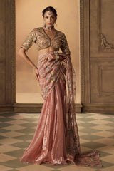 Dusty Rose Multicoloured Georgette Embroidered Saree with Veil