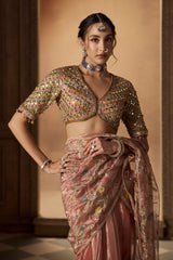 Dusty Rose Multicoloured Resham Embroidered Saree