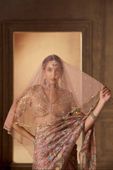 Dusty Rose Multicoloured Georgette Embroidered Saree with Veil
