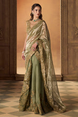 Green Floral Embroidered Saree