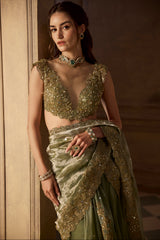 Green Floral Embroidered Saree