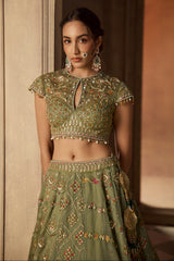 Green Multicoloured Resham Embroidered Lehenga Set