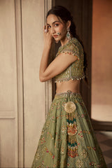 Green Multicoloured Resham Embroidered Lehenga Set