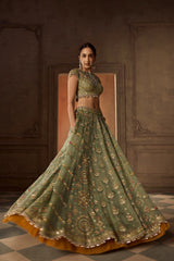 Green Multicoloured Resham Embroidered Lehenga Set