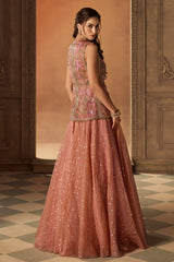 Dusty Rose Floral Embroidered Jacket and Lehenga Set