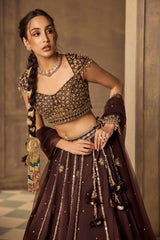 Brown Embroidered Organza Booti Lehenga Set