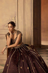 Brown Embroidered Organza Booti Lehenga Set