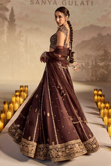 Brown Embroidered Organza Booti Lehenga Set