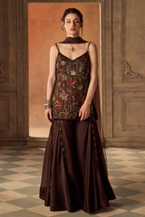 Brown Multicoloured Floral Embroidered Sharara Set