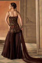 Brown Multicoloured Floral Embroidered Sharara Set