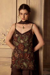 Brown Multicoloured Floral Embroidered Sharara Set