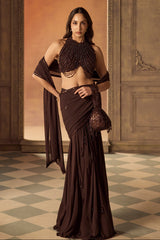 Brown Tasseled Blouse with Draped Saree