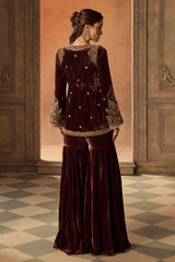 Mauve Velvet Embroidered Peplum Sharara Set