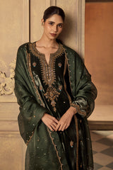 Green Velvet Long Kurta and Pants Set