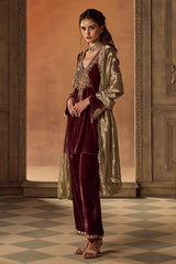 Mauve Velvet Embroidered Kurta Set