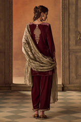 Mauve Velvet Embroidered Kurta Set