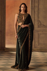 Green Velvet Embroidered Saree