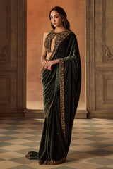 Green Velvet Embroidered Saree
