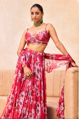 Red Floral Print Lehenga Set