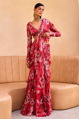 Red Floral Print Ruffle Saree