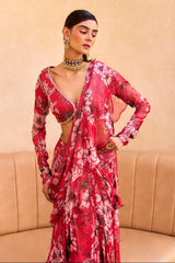 Red Floral Print Ruffle Saree
