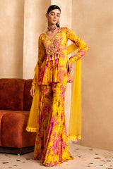 Yellow Floral Print Anarkali Kurta Set