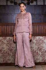 Pink Organza Shirt With Jacquard Pants