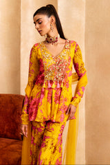 Yellow Floral Print Anarkali Kurta Set