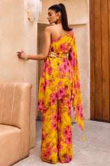 Yellow Floral Print One Shoulder Kurta and Pants Set