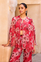 Red Floral Print Cape and Pant Set