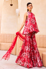 Red Printed Ruffle Tunic and Sharara Set