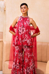Red Printed Ruffle Tunic and Sharara Set