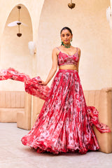 Red Floral Print Lehenga Set