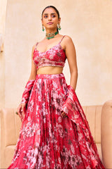 Red Floral Print Lehenga Set