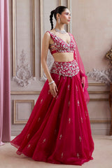 Magenta Organza Lehenga With Embroidered Belt