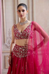 Magenta Organza Lehenga With Embroidered Belt