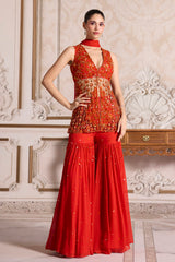 Rust Cutwork Peplum and Sharara Set