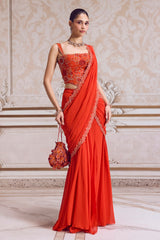 Rust Pre-Draped Saree and Corset