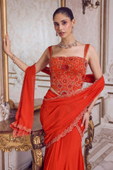 Rust Pre-Draped Saree and Corset
