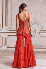 Rust Crushed Tissue Corset With Organza Sharara Set