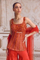 Rust Crushed Tissue Corset With Organza Sharara Set