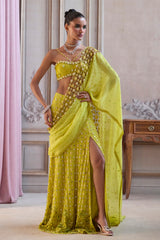 Neon Green Slit Saree With Cutwork Palla