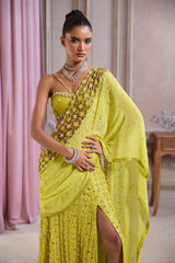 Neon Green Slit Saree With Cutwork Palla