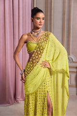 Neon Green Slit Saree With Cutwork Palla