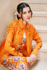 Rust Organza Floral Shirt and Pants Set