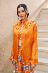 Rust Organza Floral Shirt and Pants Set