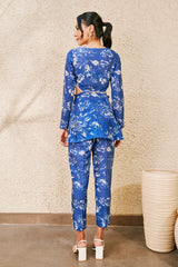 Blue and White Floral Printed Peplum and Pants Set