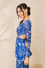 Blue and White Floral Printed Peplum and Pants Set